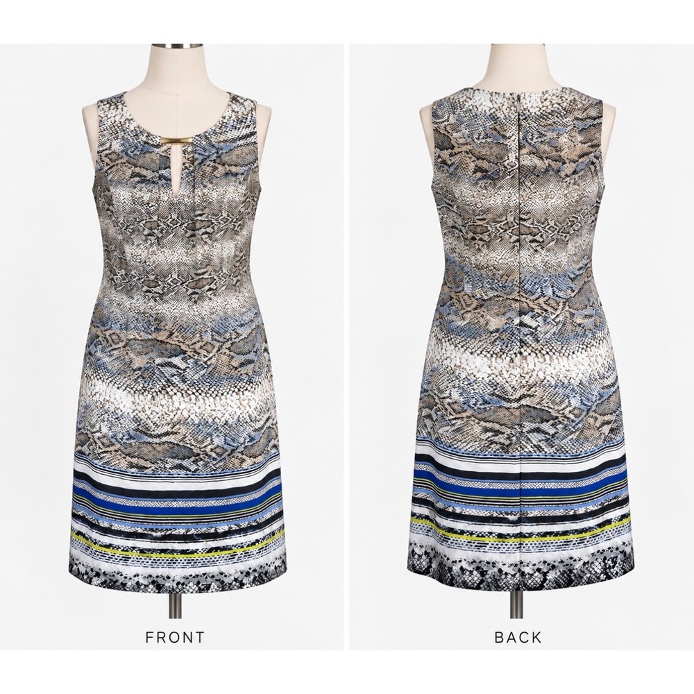 Dana Buchman Snakeskin Stripe Sheath Dress Blue Grey Gold Bar Keyhole Sleeveless